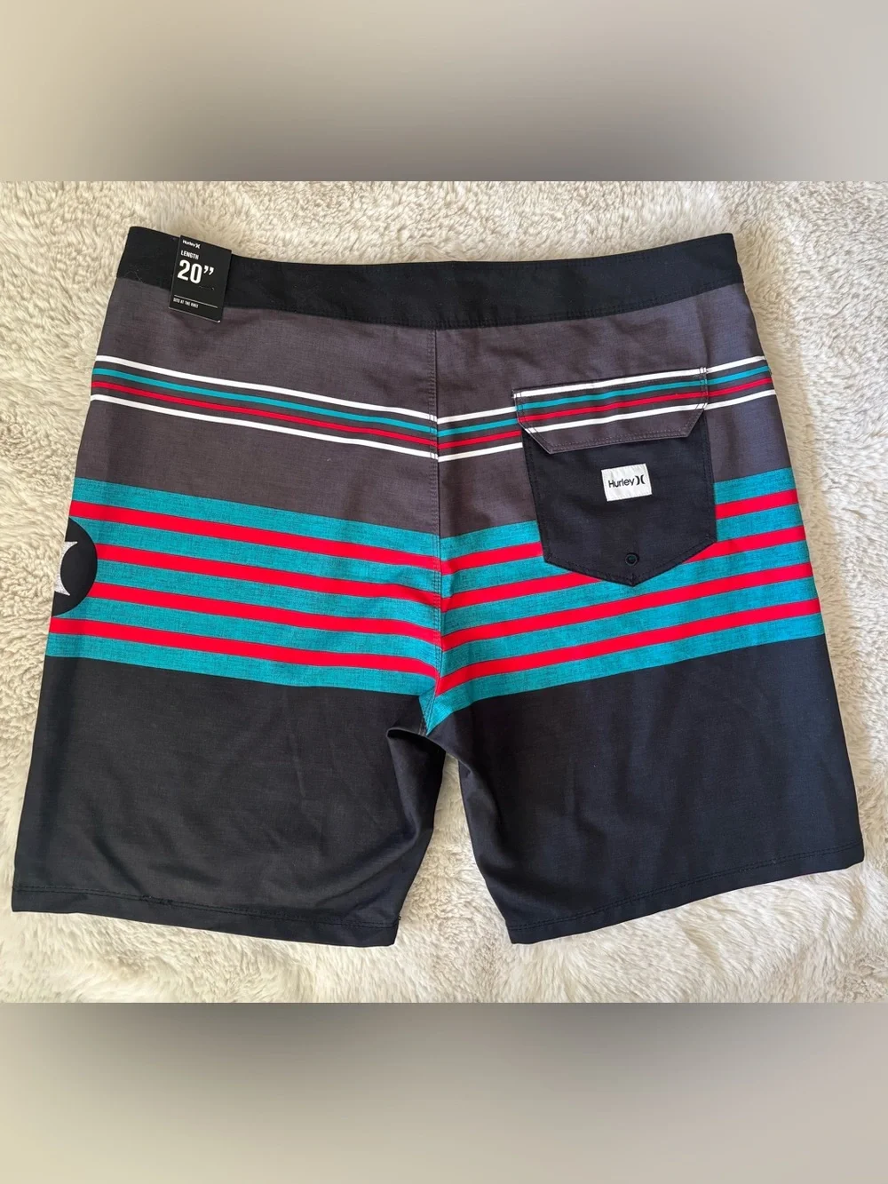 NWT Hurley Black Swim Trunk Board Trunks w/Teal Red White Stripes Size: 36